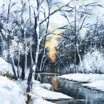 zima, snijeg, potok, rijeka, zalazak sunca