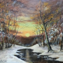 zima, snijeg, potok, rijeka, zalazak sunca