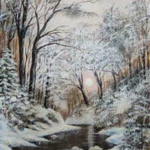 zima, snijeg, potok, rijeka, zalazak sunca