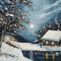 zima, snijeg, potok, rijeka, noć, kuća, kućica, koliba