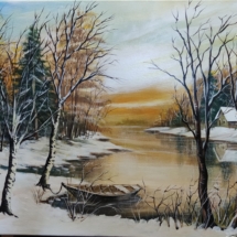 zima, snijeg, potok, rijeka, jezero, zalazak sunca, drveće