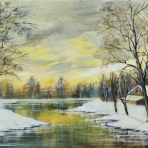 zima, snijeg, potok, rijeka, zalazak sunca