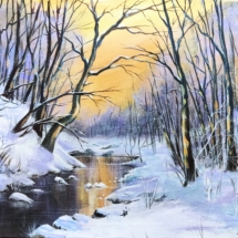 zima, snijeg, potok, rijeka, zalazak sunca