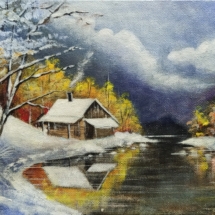 zima, snijeg, potok, rijeka, oblacno, kućica