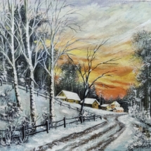 zima, snijeg, potok, rijeka, zalazak sunca, selo