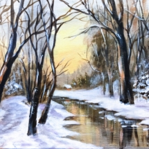 zima, snijeg, potok, rijeka, zalazak sunca